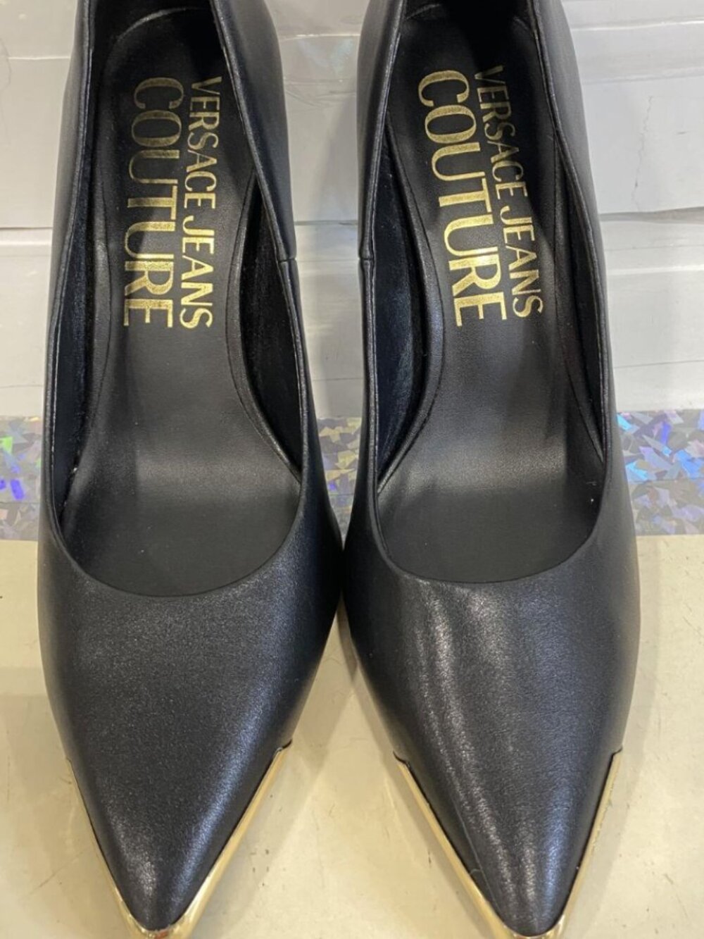 Versace Couture Scarlett Black Leather Gold Cap Toe Pumps Heels Size 40